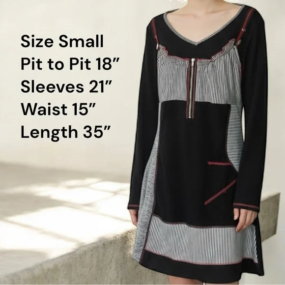 The Pyramid Collection Black Patchwork Tunic Dress Boho Gothic Artsy Long Sleeve - Picture 9 of 9